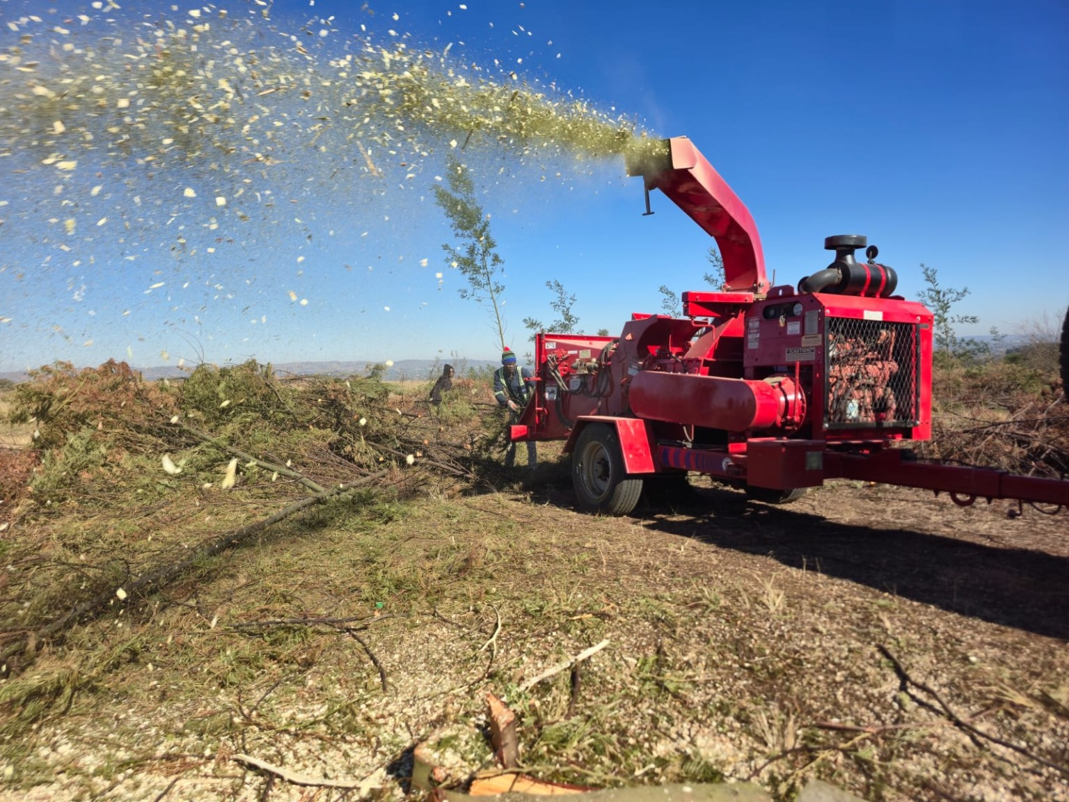 Red industrial chipper shooting wood chips across a cleared field